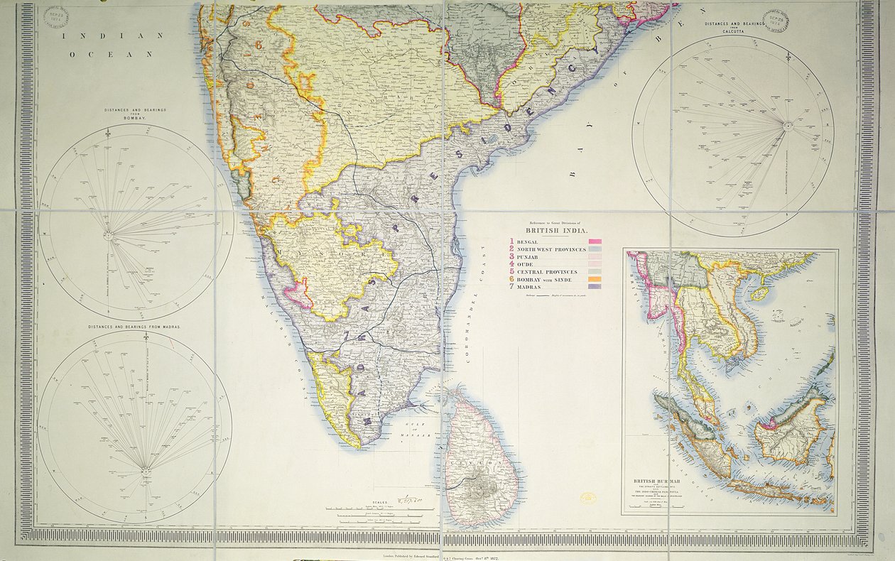 Brit Dél-India térképe, 1872 (színes litográfia) alkotó: English School