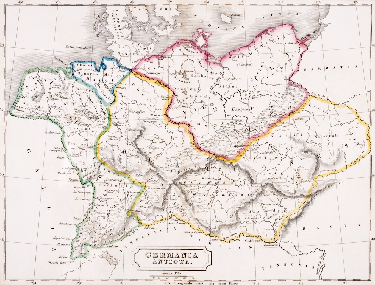 Németország térképe, Germania Antiqua, Samuel Butler „Az ókori földrajz atlasza”-ból, Londonban, 1829 körül alkotó: English School