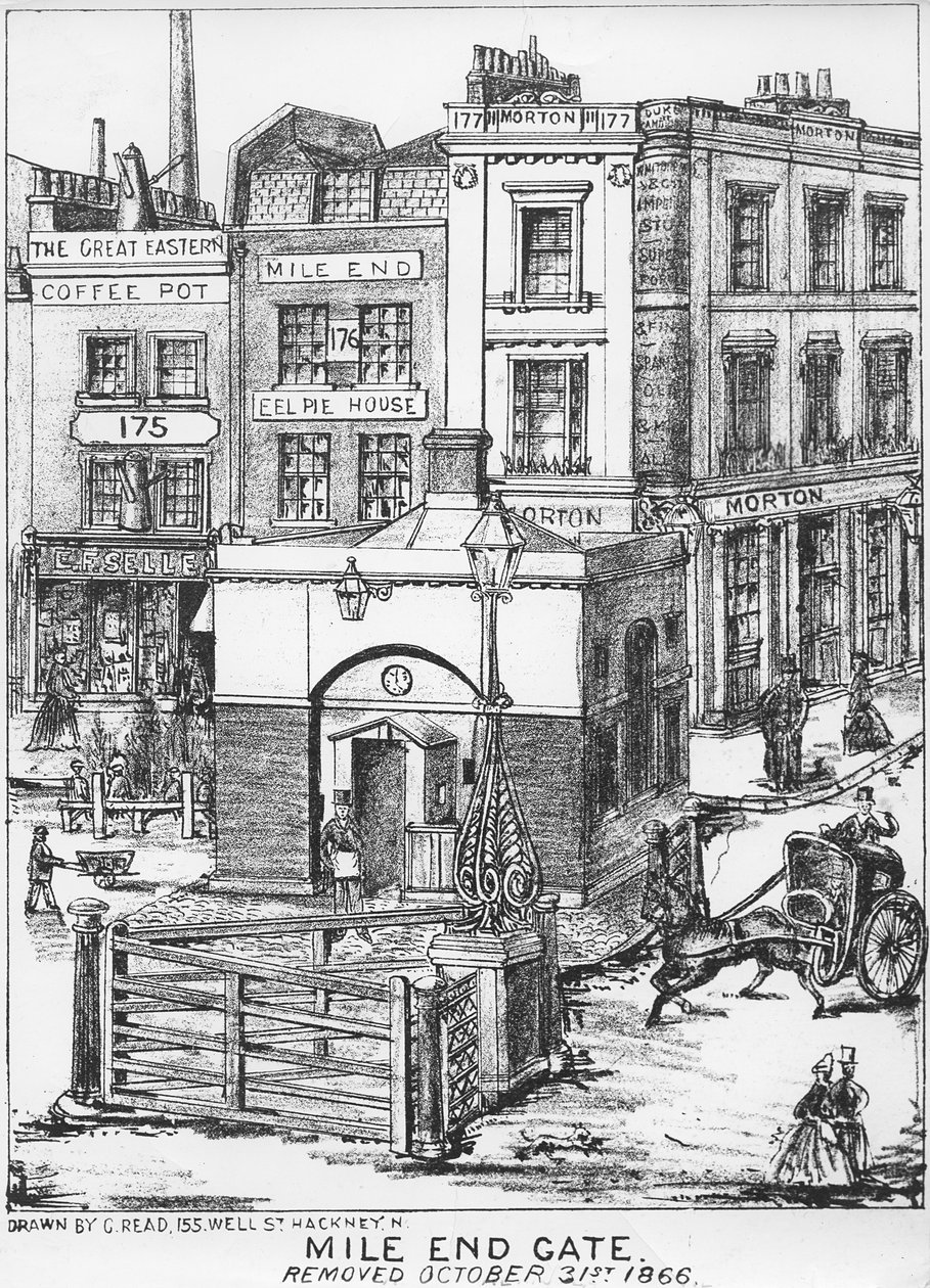 Mile End Gate, 1866 körül (toll és szén papíron) alkotó: English School