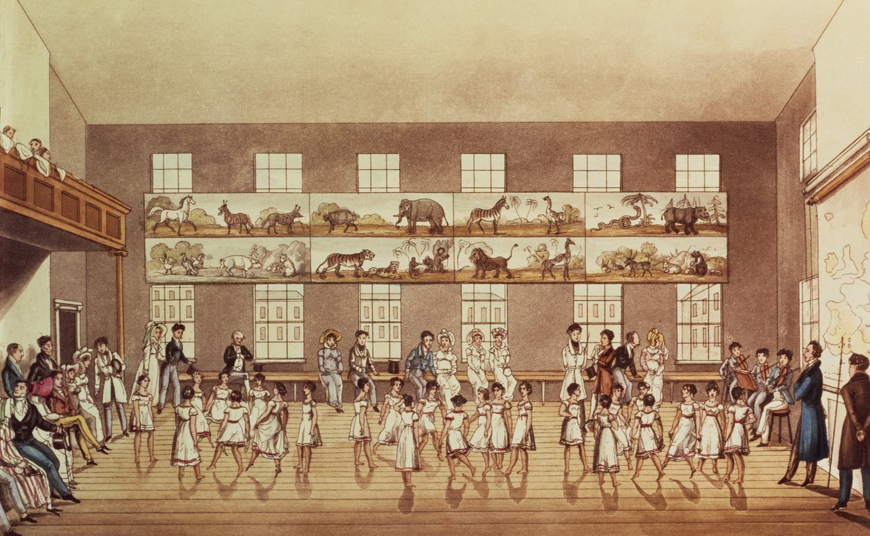Mr Owens Institution, New Lanark (Quadrille Dancing), vésette George Hunt, pub. 1825 alkotó: English School
