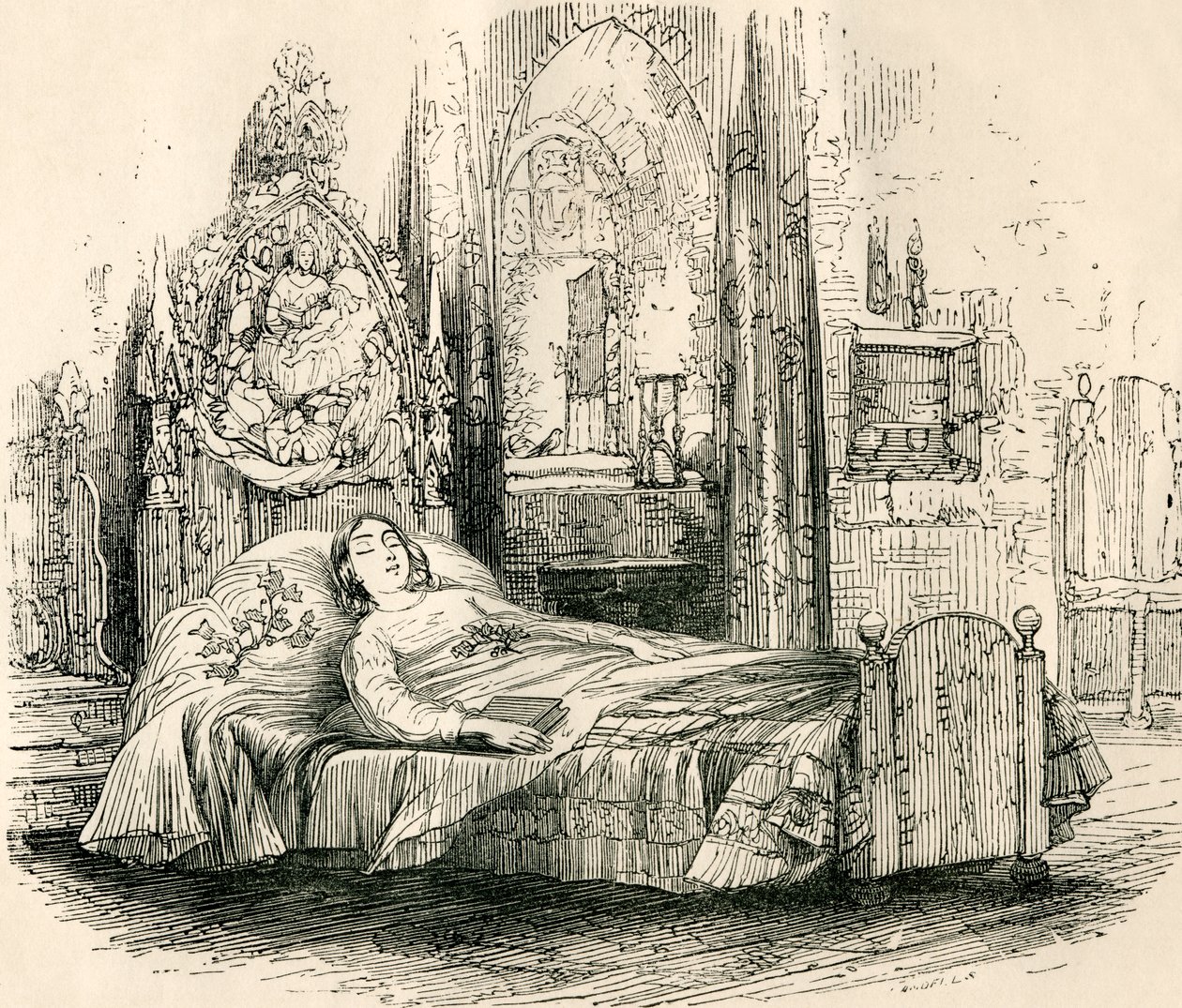 Nell Trent a halálos ágyán, Charles Dickens „The Old Curiosity Shop”-ból alkotó: English School