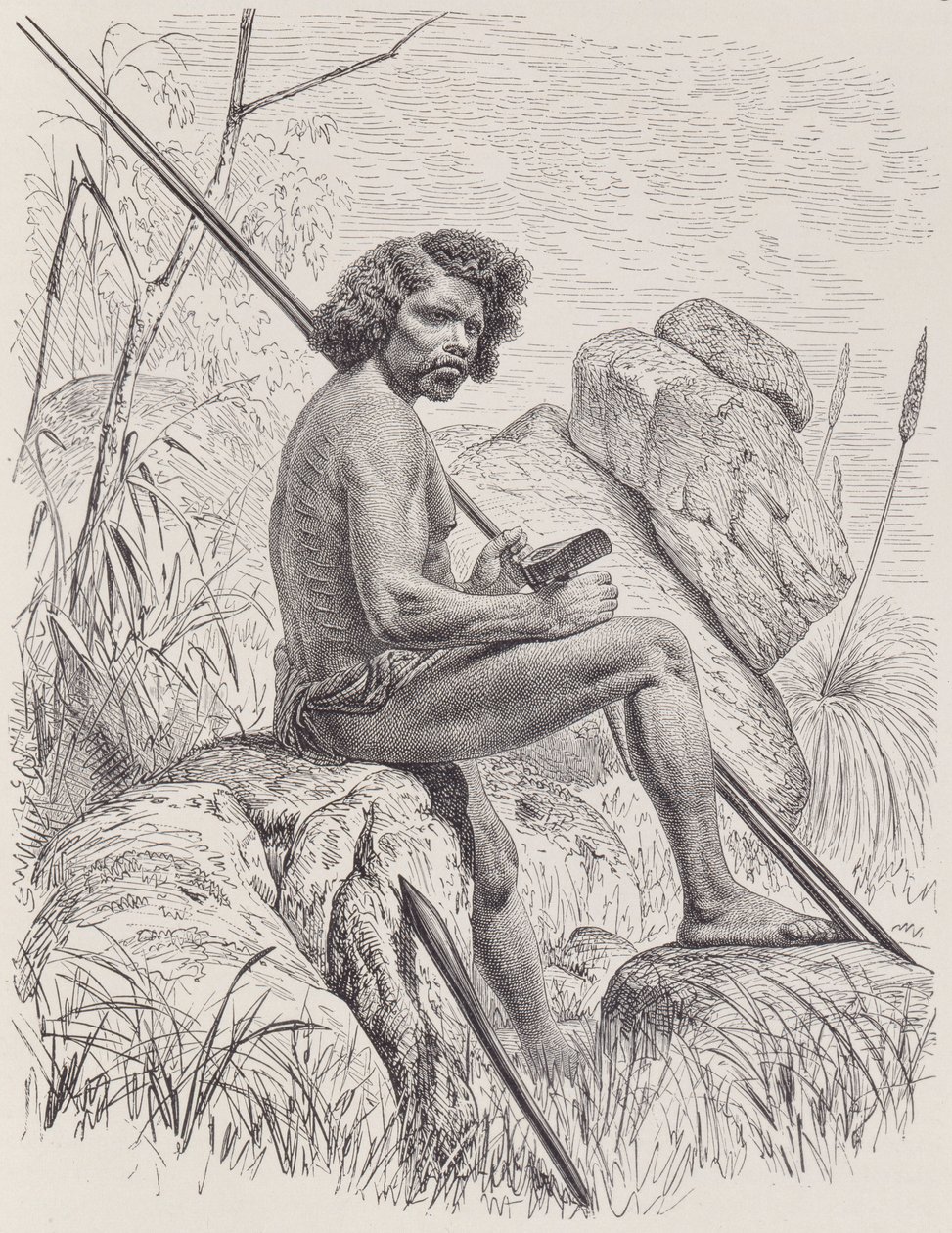 Észak-ausztrál lándzsákkal, fejszével és ütőkkel, Friedrich Ratzel The History of Mankind 1. kötetéből, 1896 alkotó: English School