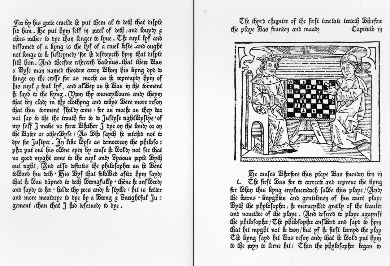 Oldalak Jacques de Cessoles „De Ludo Saccorum” című művének angol fordításából, köztük két sakkozó illusztrációval, 1483 körül alkotó: English School