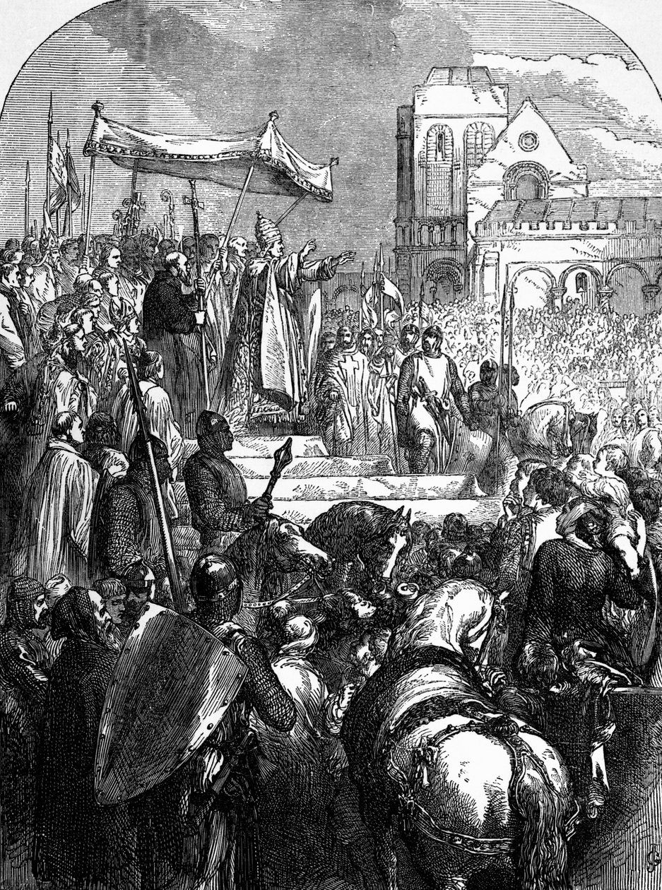 II. Urbán pápa (1035-1099 körül) az első keresztes hadjáratot hirdeti Clermont piacterén 1095-ben alkotó: English School
