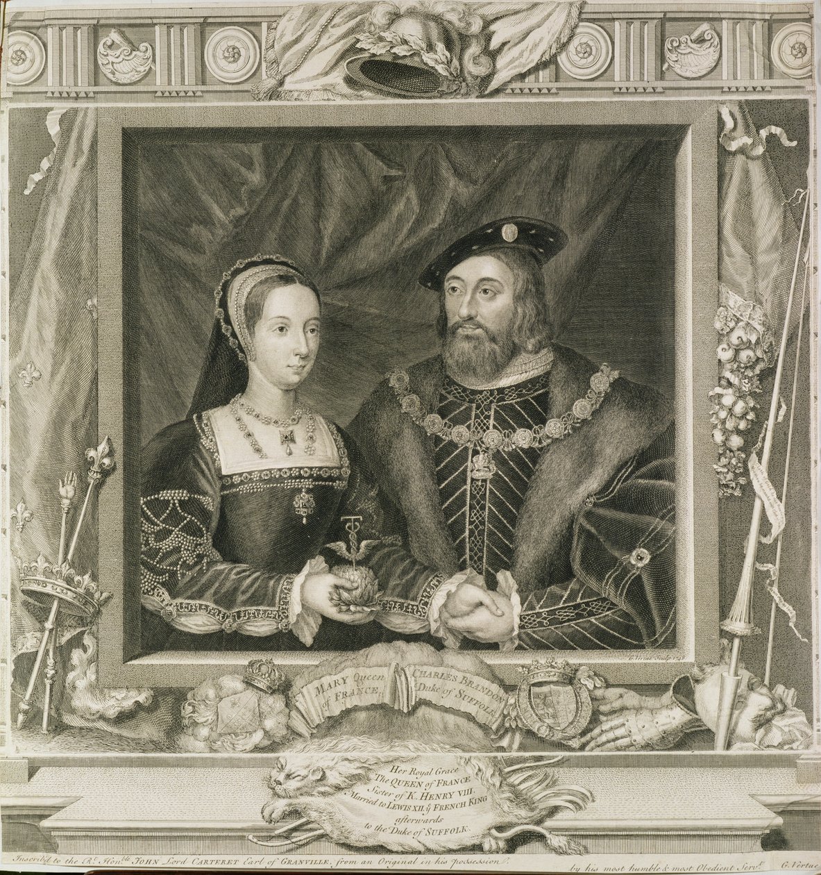 Mária (1496-1533) francia királynő és Charles Brandon (megh. 1545) Suffolk hercegének portréja, George Vertue (1684-1756) metszete 1748 (lásd még: 136496) alkotó: English School