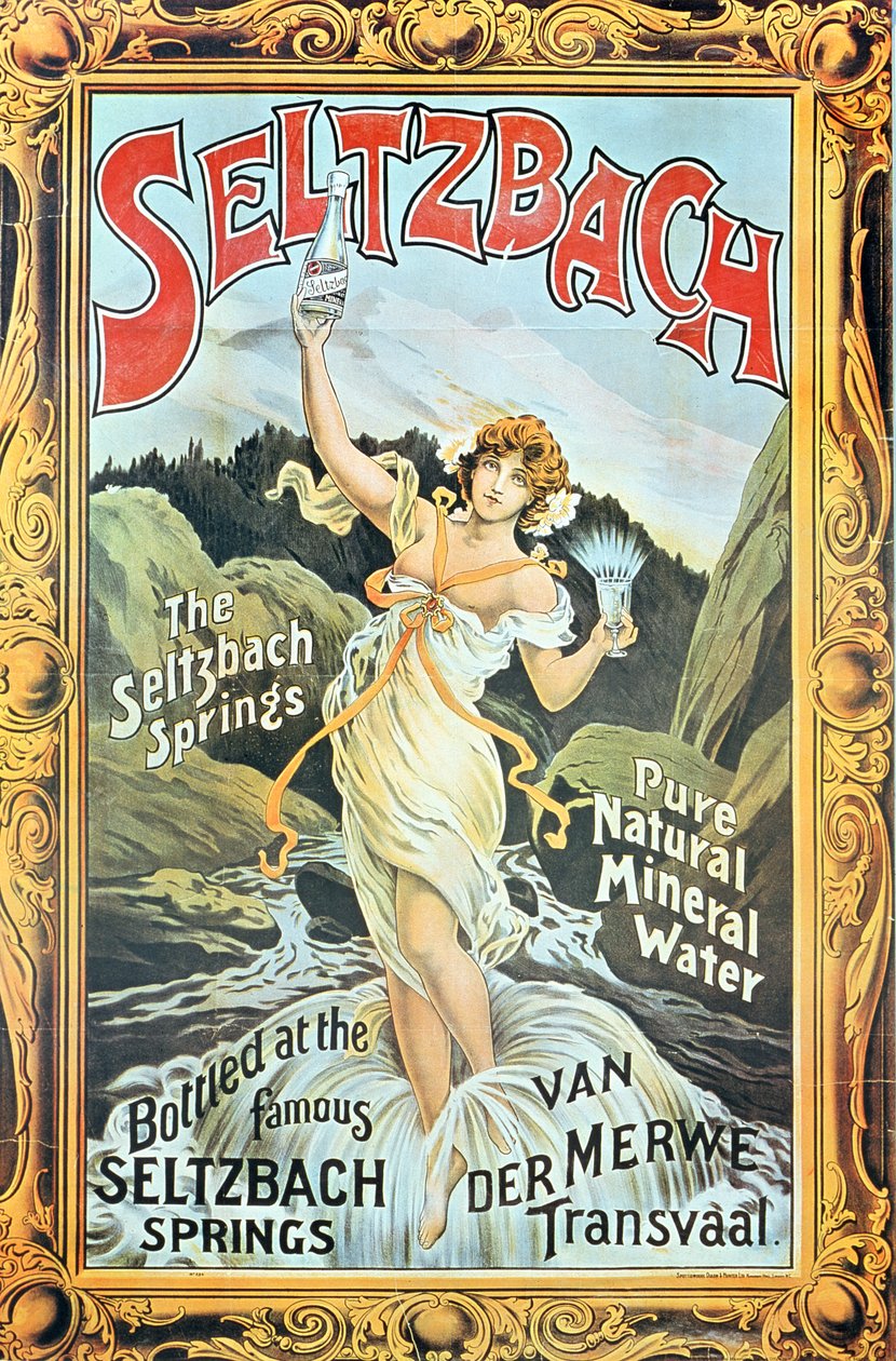 „Seltzbach” tiszta természetes ásványvizet hirdető plakát a Seltzbach-forrásokból, Van der Merwe, Transvaal, 1890-es évek alkotó: English School