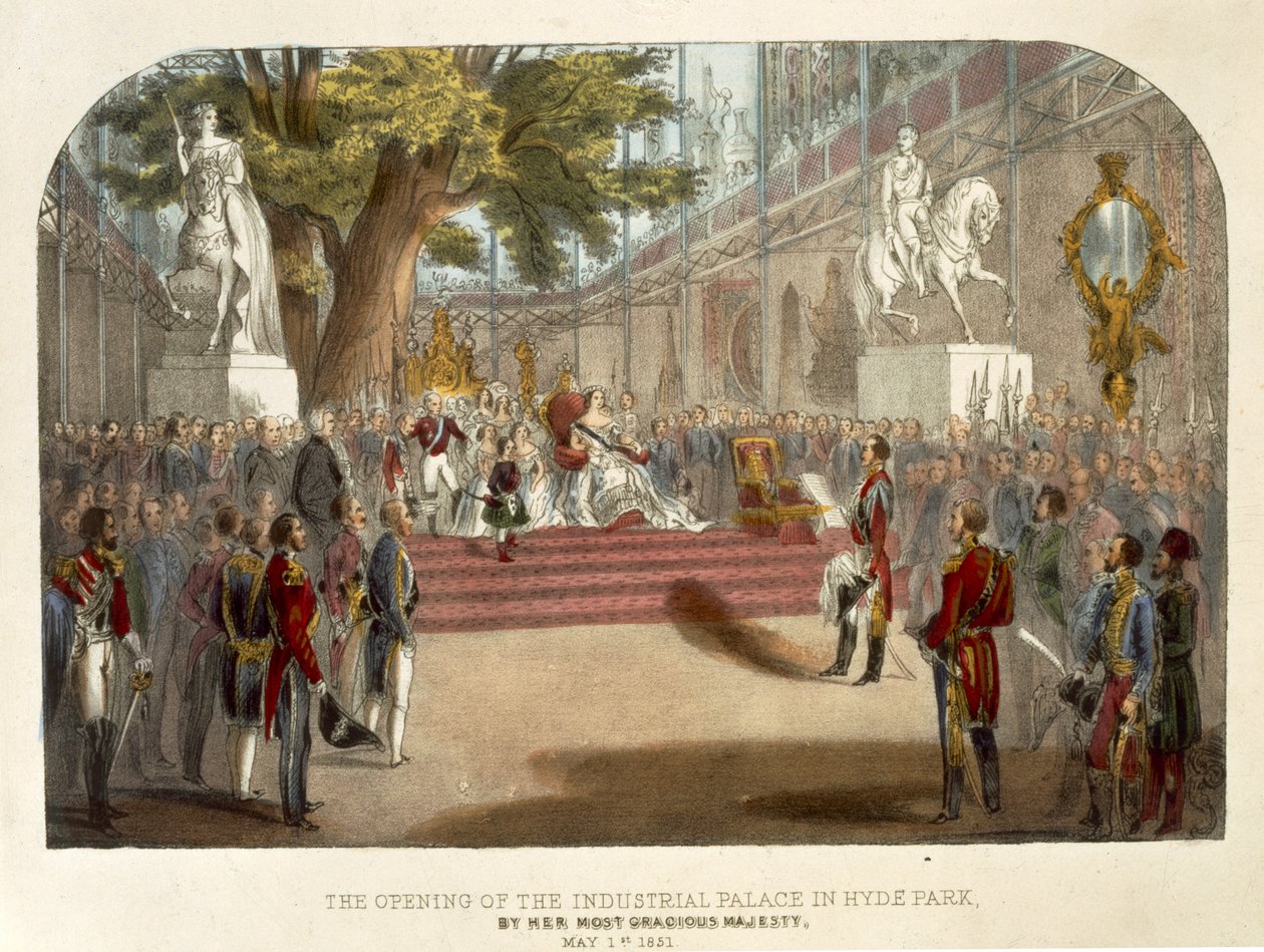 Viktória királynő megnyitotta az Ipari Palotát a Hyde Parkban, 1851. május 1., pub. szerző: W. Ward (nyomtatott) alkotó: English School