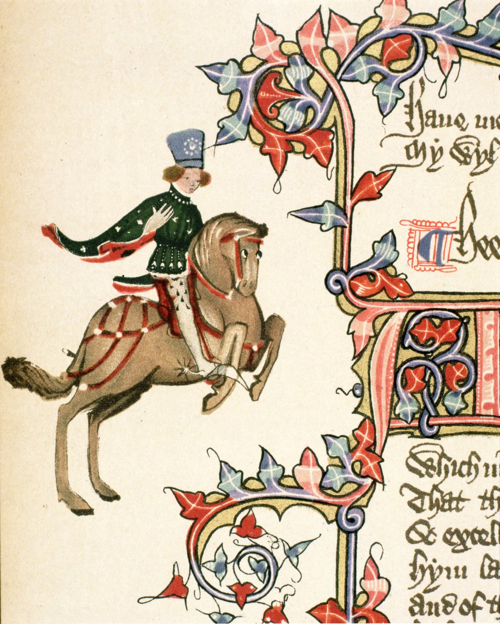 The Squire, részlet a Canterbury-mesékből, Geoffrey Chaucer (c.1342-1400) Ellesmere-kézirat, fakszimile kiadás, 1911 (az eredeti részleteket lásd: 128934) alkotó: English School