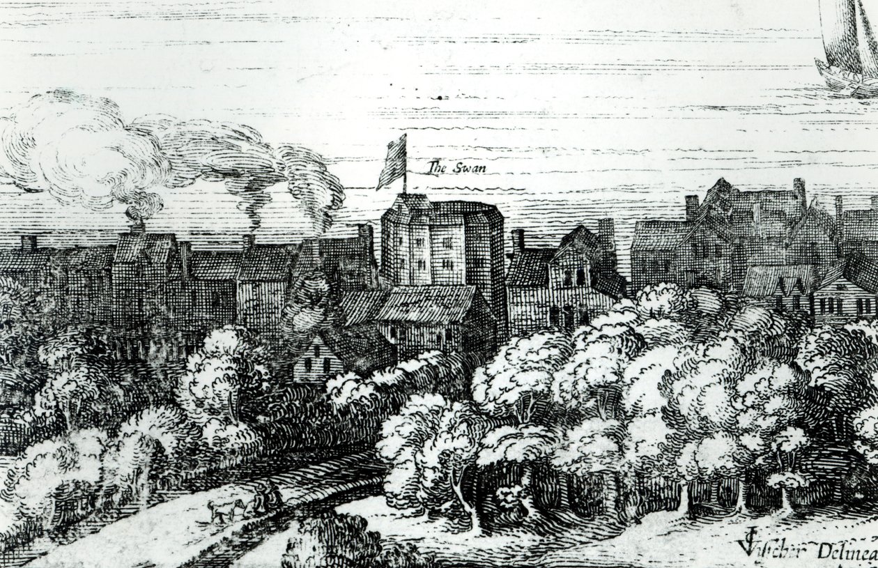 A Hattyú Színház a partparton, ahogyan 1614-ben megjelent alkotó: English School
