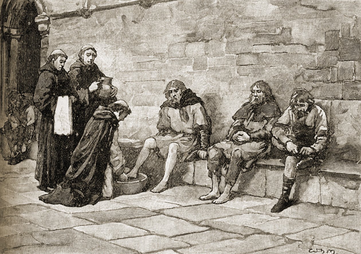 Thomas Becket (1118-70 körül) koldusok lábát mossa alkotó: English School