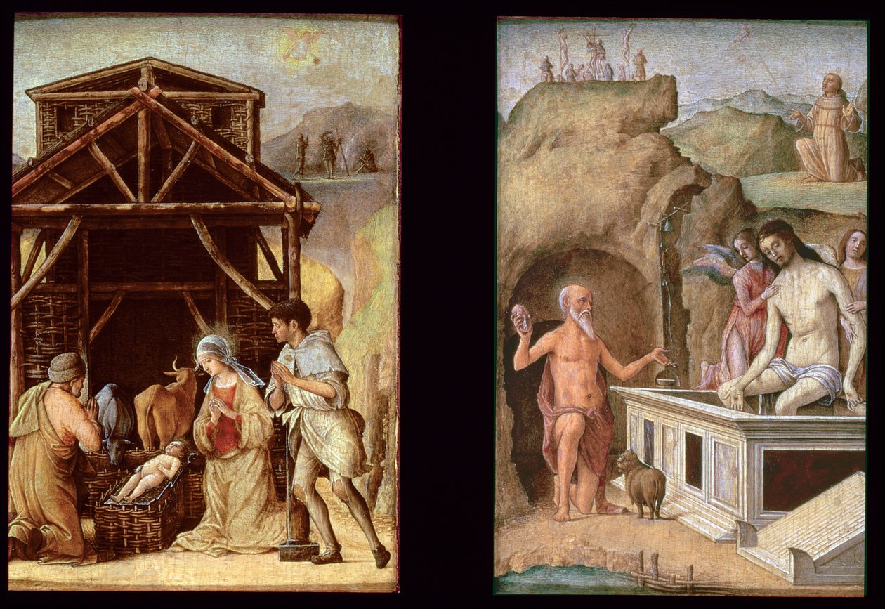 A pásztorok imádása és a halott Krisztus, 1490 körül (panelek) alkotó: Ercole de Roberti
