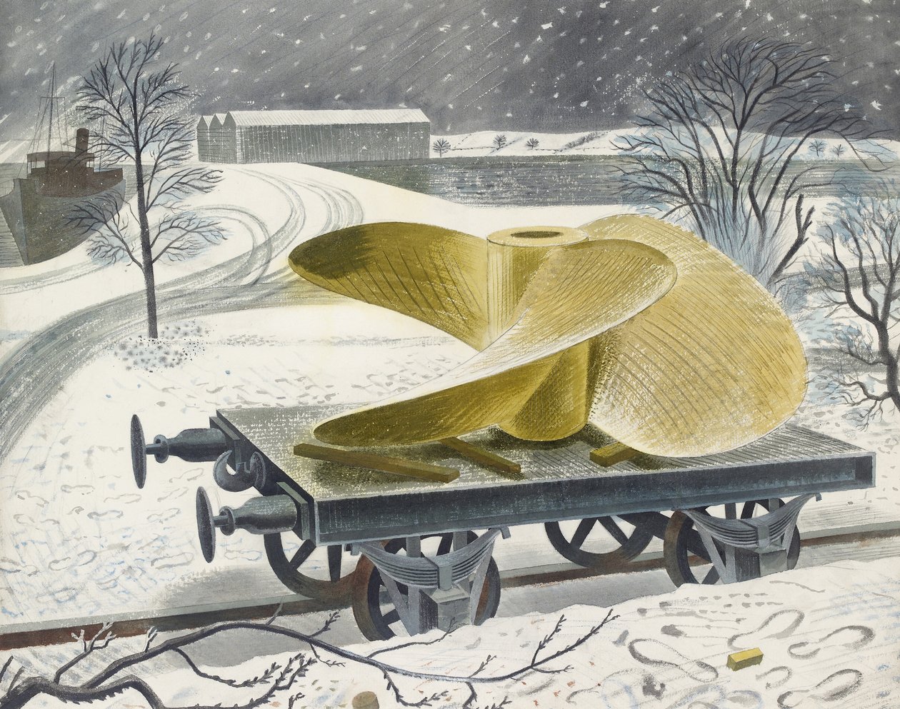Hajócsavar egy vasúti teherautón (akvarell grafitra, papírra) alkotó: Eric Ravilious