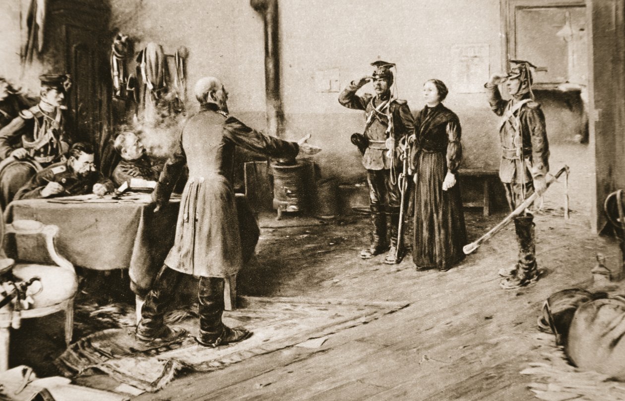 Juliette Dodunak megkegyelmezett nagy bátorsága miatt Frigyes Károly porosz herceg 1870-ben. a „The Illustrated War News”-ból, 1914 alkotó: Ernest Delahaye
