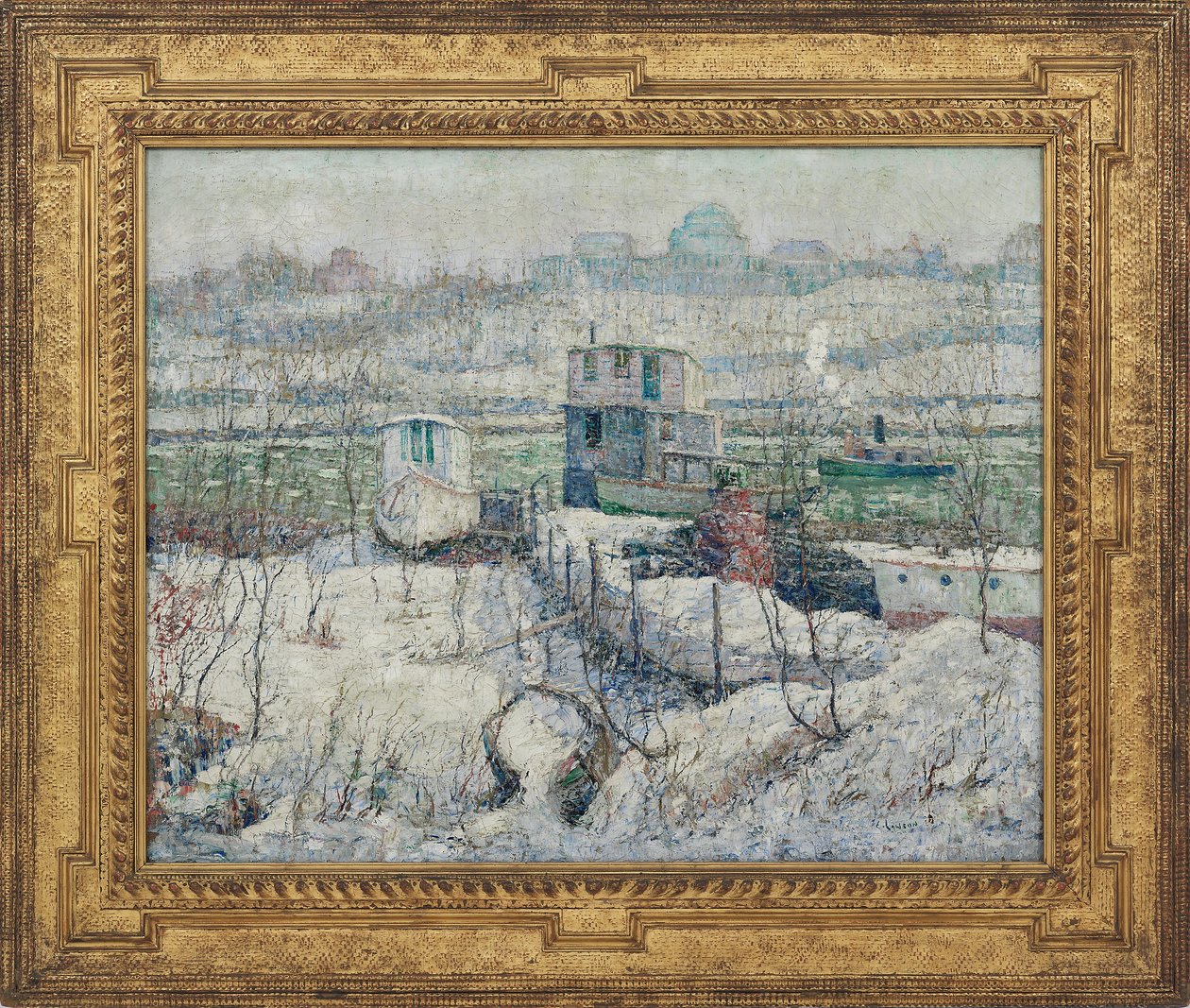 Csónakház, tél, Harlem folyó, 1916 körül alkotó: Ernest Lawson