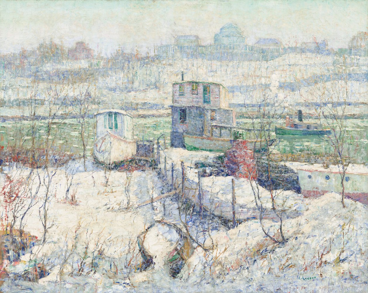 Csónakház, tél, Harlem folyó, c. 1916. alkotó: Ernest Lawson
