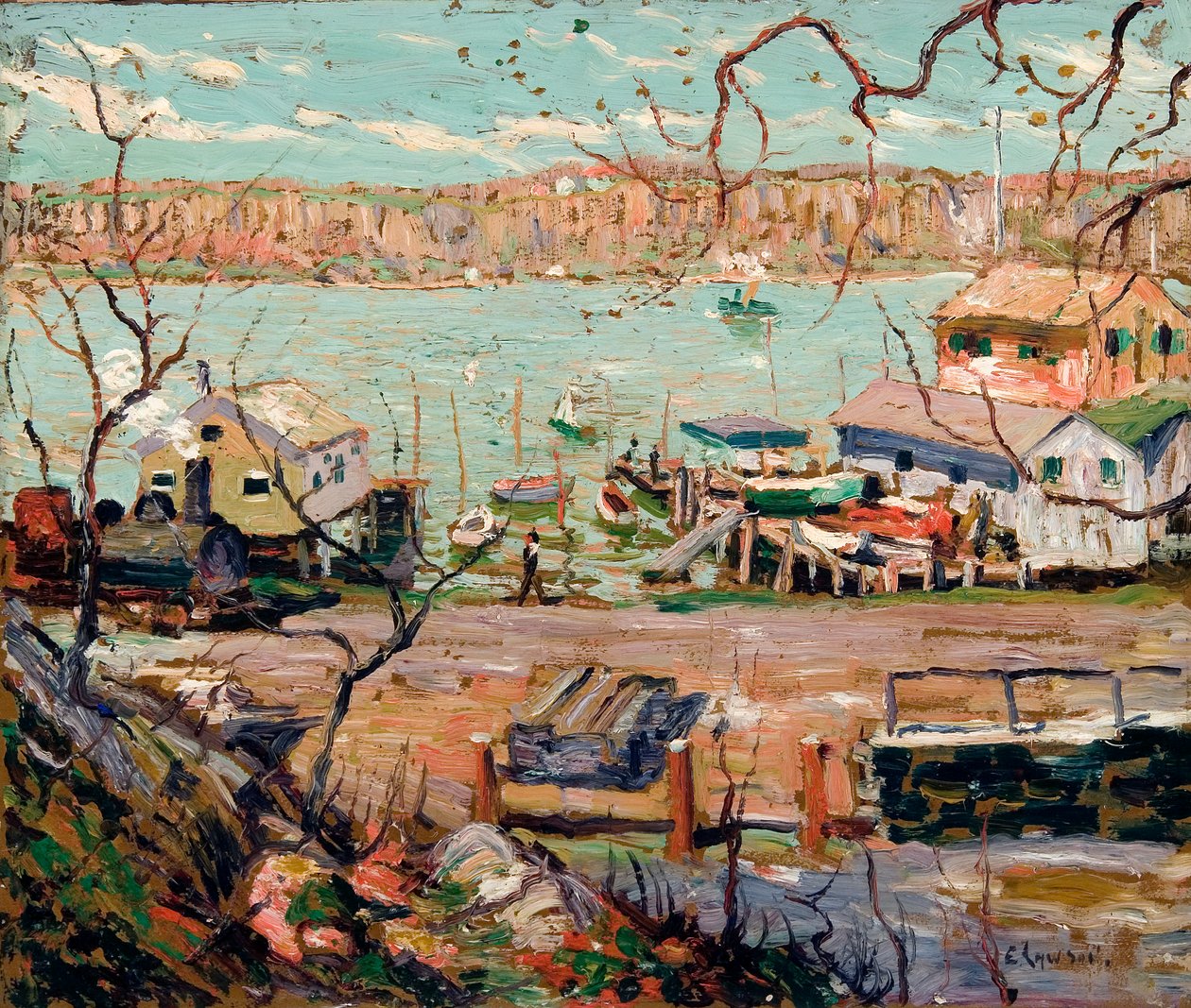 River Scene – csónakok és házak alkotó: Ernest Lawson