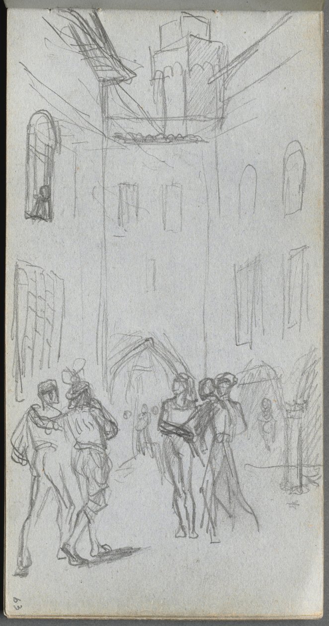 Vázlatfüzet, 63. oldal: Figurák egy udvarban. alkotó: Jean Louis Ernest Meissonier