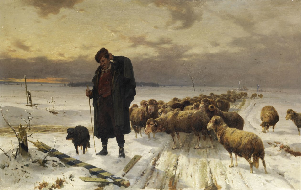 Pásztor csordával a téli tájon alkotó: Adolf Ernst Meissner