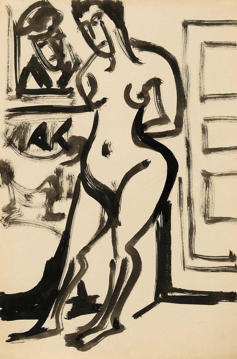 Meztelenül állva a kép előtt a stúdióban alkotó: Ernst Ludwig Kirchner