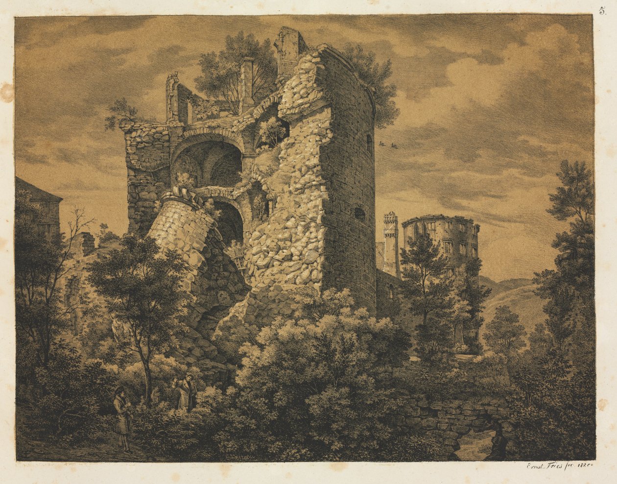 Hat nézet a heidelbergi kastélyról: Torony, 1820. alkotó: Ernst Fries