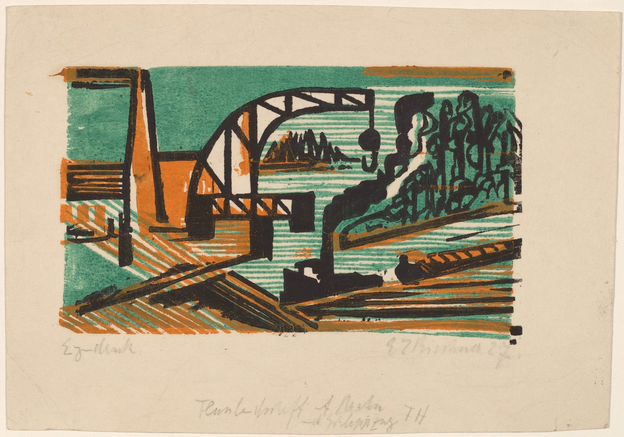 Folyói táj daruval és bárkákkal, 1927. alkotó: Ernst Ludwig Kirchner