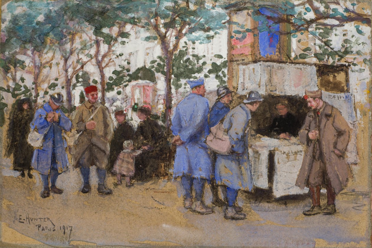 Katonák egy újságárusnál, Párizs, 1917 alkotó: Ethel Hunter