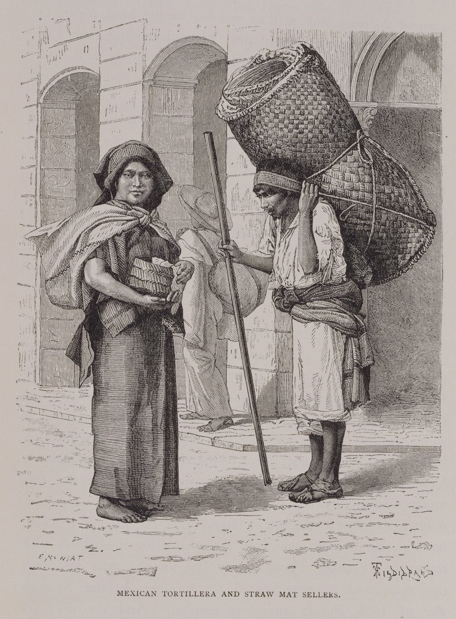 Mexikói tortillera és szalmaszőnyeg eladó, "Az új világ ősi városai"-ból, Claude-Joseph-Desire Charnay, pub. 1887 alkotó: Etienne Antoine Eugene Ronjat