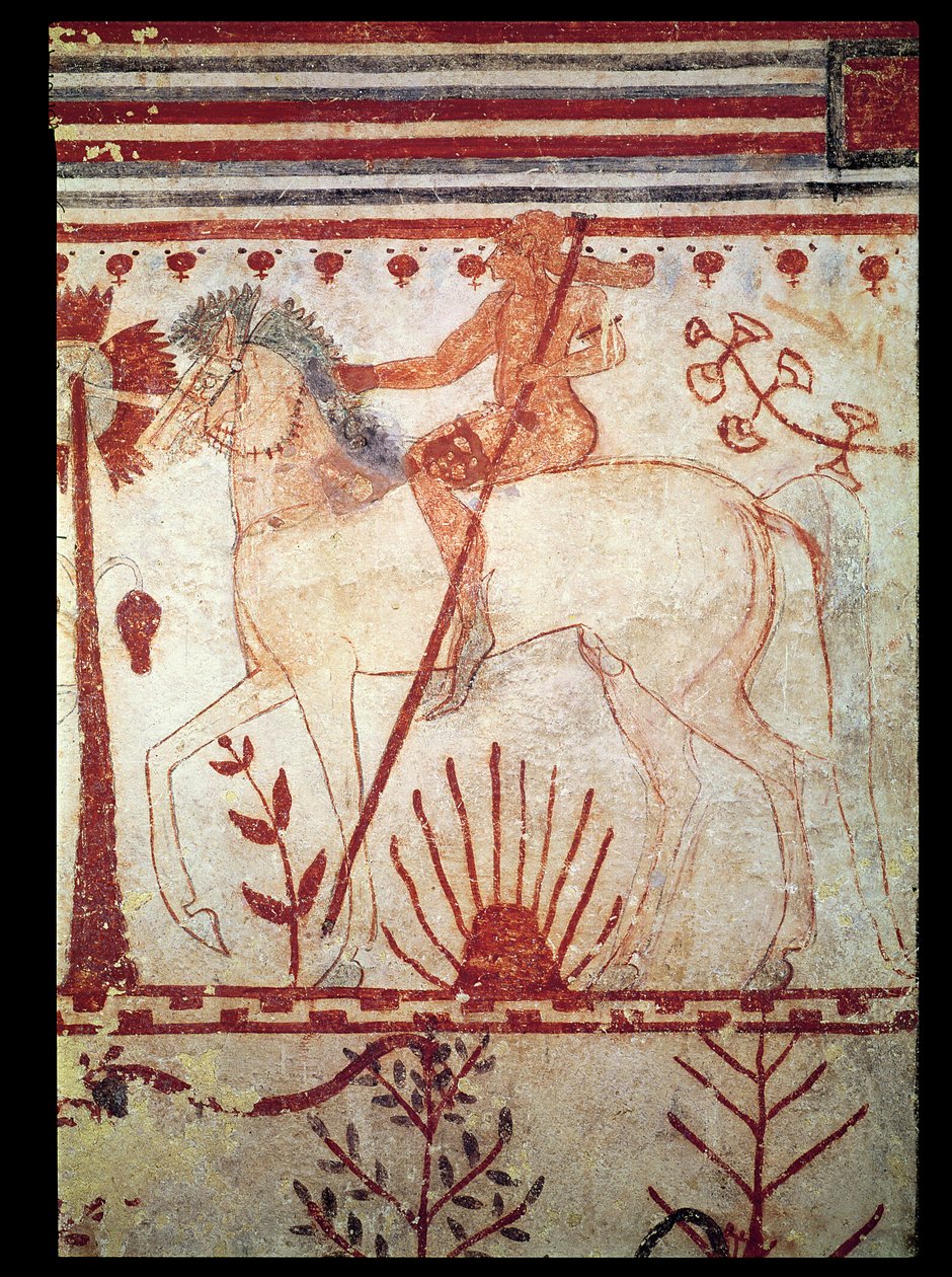 Troilus trójai herceg rajtaütése Akhilleusz által, a Bikák sírjából (Tomba del Tori) Kr.e. 540 körül (falfestmény) alkotó: Etruscan