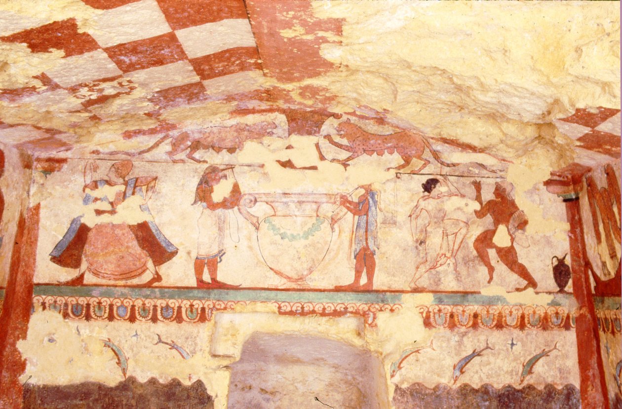 Zenészeket, táncosokat és delfineket ábrázoló fal, az Oroszlánosok sírjából a nekropoliszban, ie 520 körül (falfestmény) alkotó: Etruscan