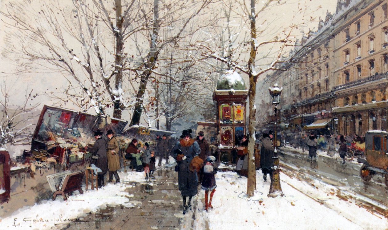 Könyvesbódék télen, Párizs (gouache és wc, papír) alkotó: Eugene Galien Laloue