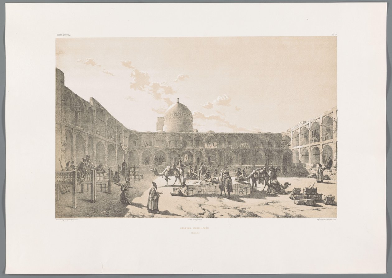 Caravanserai-i-Shah Kazvinban Caravân-Serail-I-Châh (Casbin) (cím az objektumon) Perzsa tájak (sorozat címe) Perse modern (sorozat címe) alkotó: Eugene Flandin