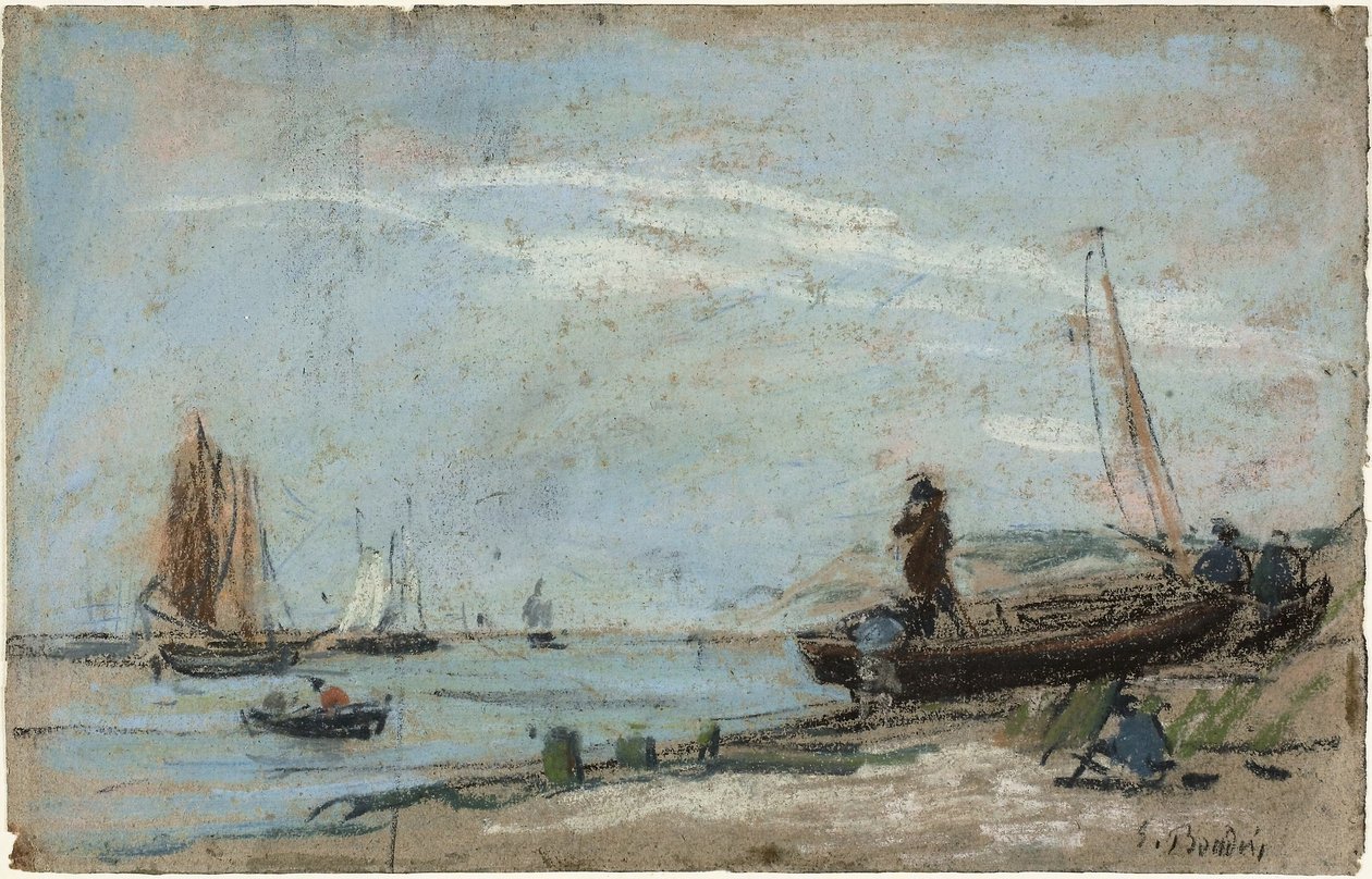 Strand horgászcsónakokkal és szénnel alkotó: Eugene Louis Boudin