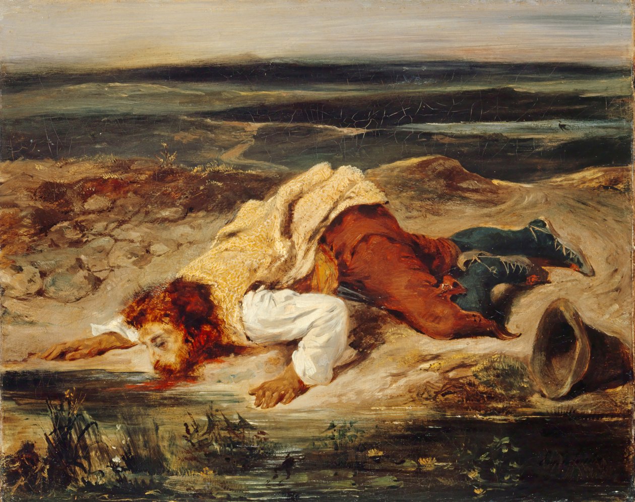 Megsebesült brigand római juhászkutya, 1825 körül. alkotó: Eugène Delacroix