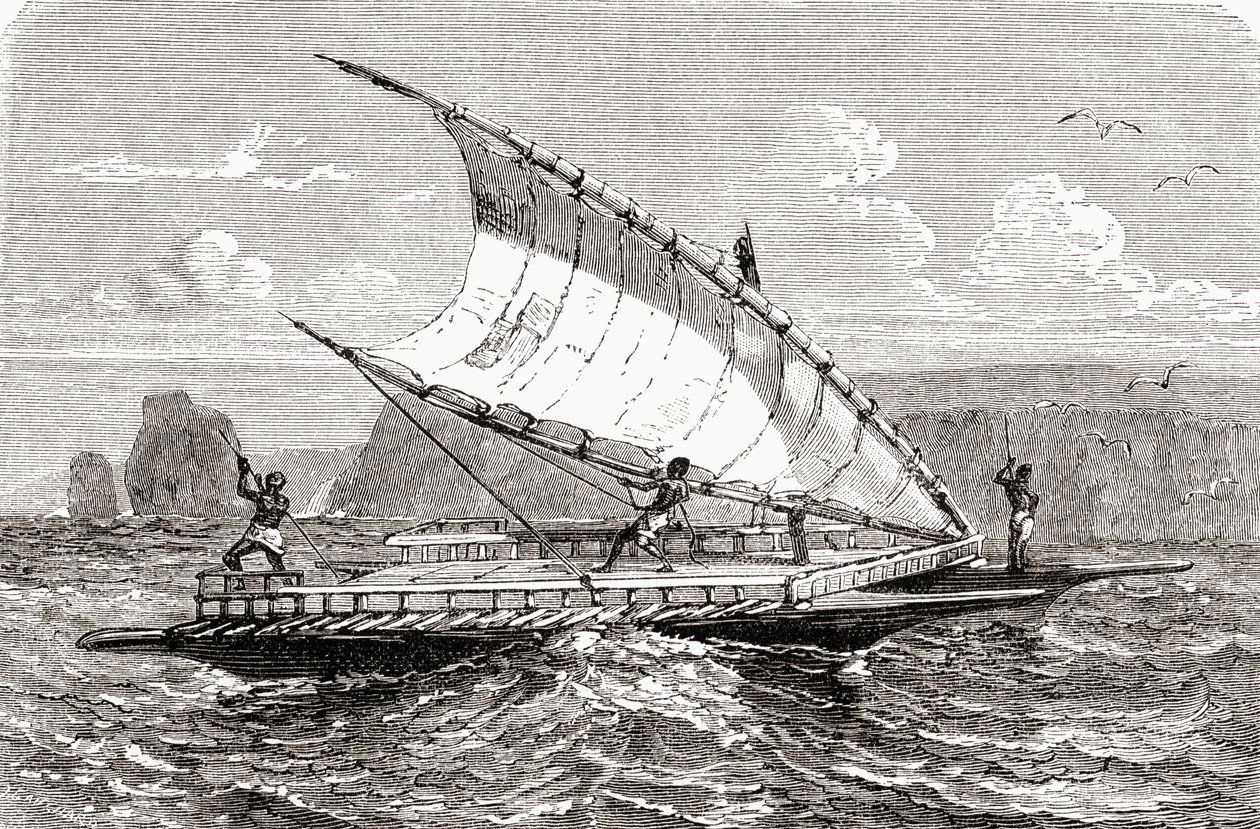Új-kaledóniai páros kenu, az "El Mundo en la Mano"-ból, 1878-ban alkotó: European School