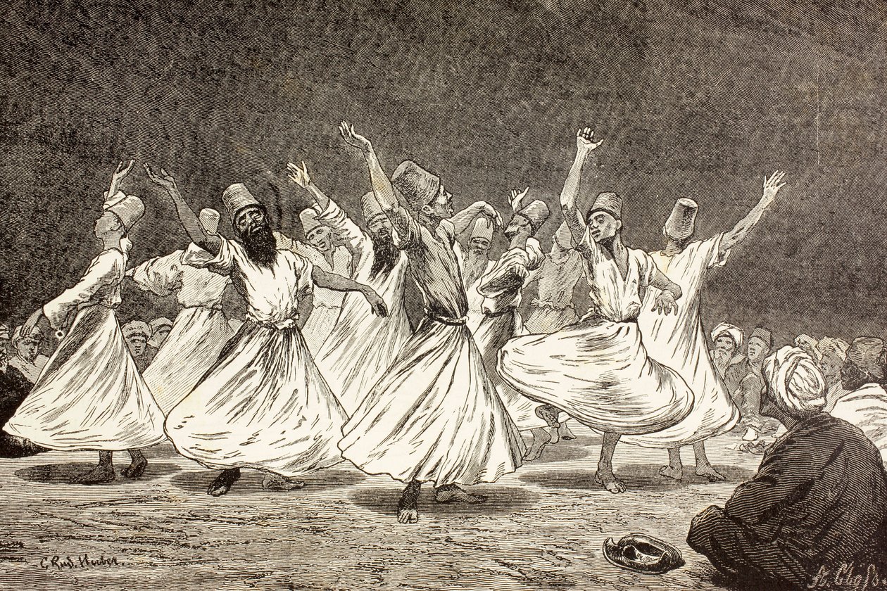 Az 1880-ban kiadott Barcelonában megjelent „El Mundo Ilustrado” c. örvénylő dervisek alkotó: European School