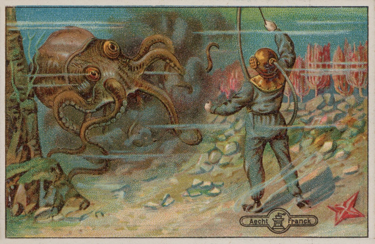 Egy búvár, akit egy polip (chromolitho) fenyeget. alkotó: European School