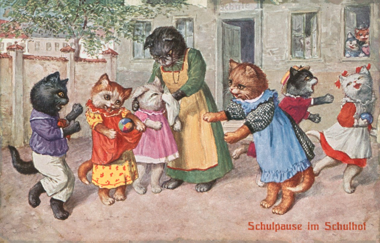 Humoros macskás képeslap (színes litográfia) alkotó: European School