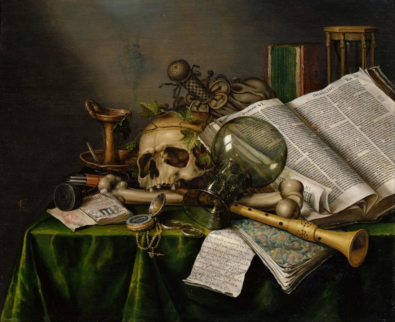 Vanitas - csendélet könyvekkel és koponyákkal alkotó: Evert Collier