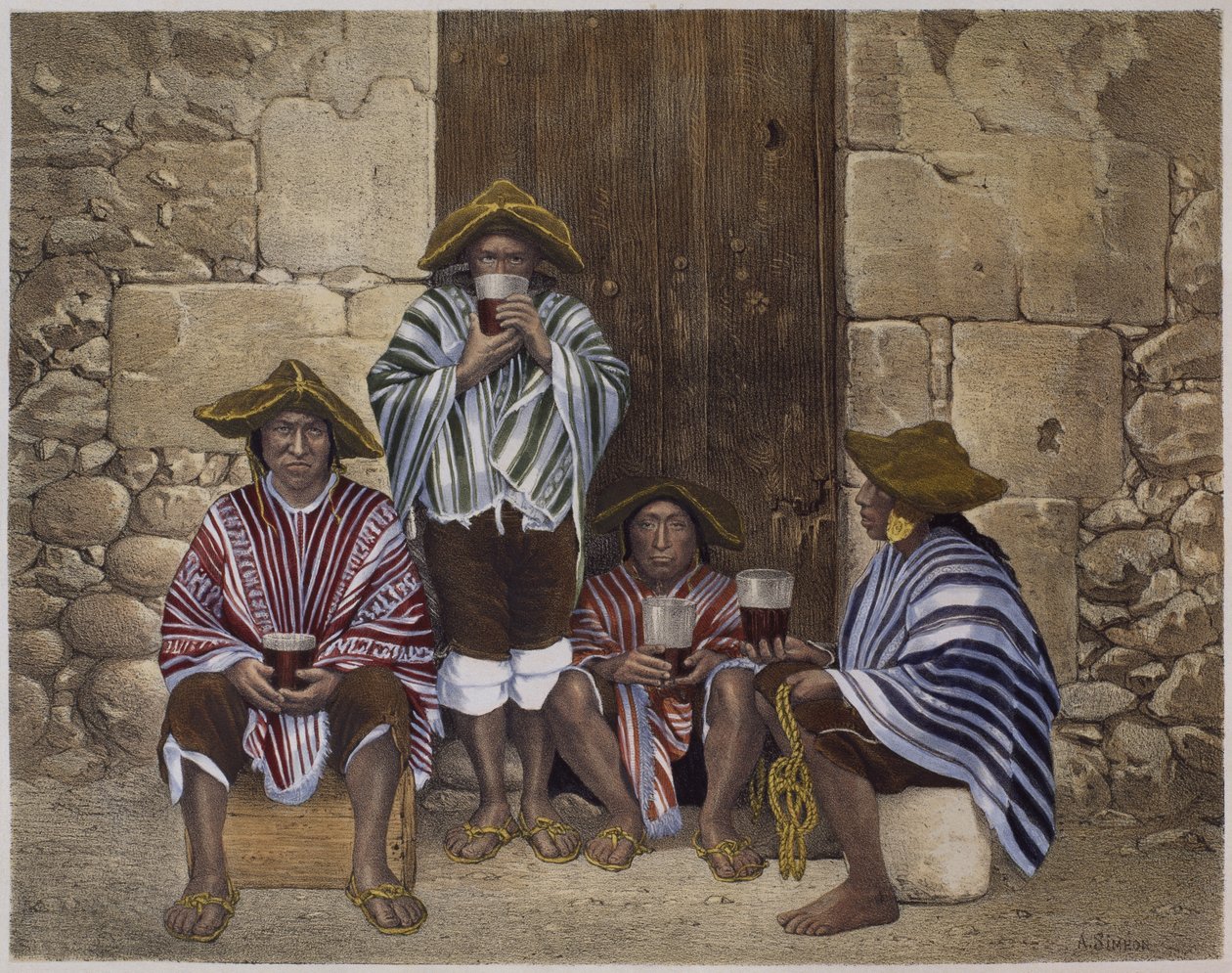 Indiánok csoportja, illusztrációja Mariano, Felipe Paz Soldan (1821-86) „Geografia del Peru” című művéből, XXXV. tábla, 1863 alkotó: F. Delamare