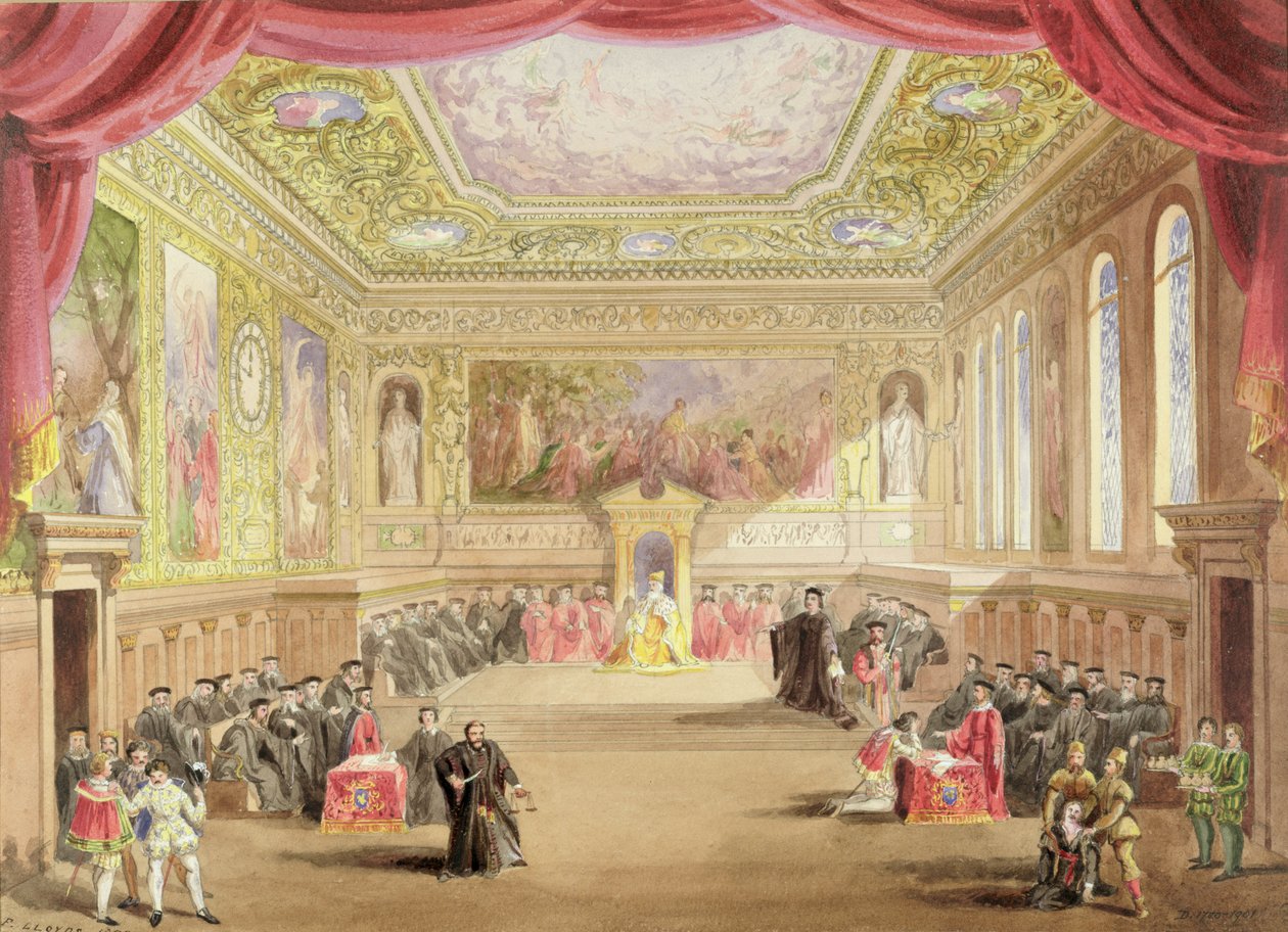 A tárgyalás, IV. felvonás, I. jelenet Charles Kean „A velencei kereskedő” című előadásából, Princess Theatre, London, 1858. június 12. (akvarell papíron) alkotó: F. Lloyds
