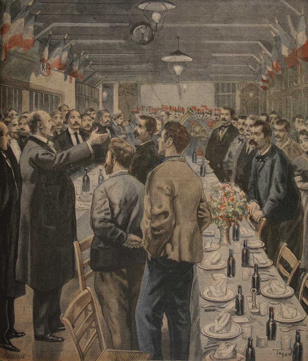 Vacsorák az Exposition Universelle dolgozói számára, 1900, illusztráció a „Le Petit Journal: Supplement illustre” című folyóiratból, 1898. január 23. alkotó: F.L. and Tofani, Oswaldo Meaulle