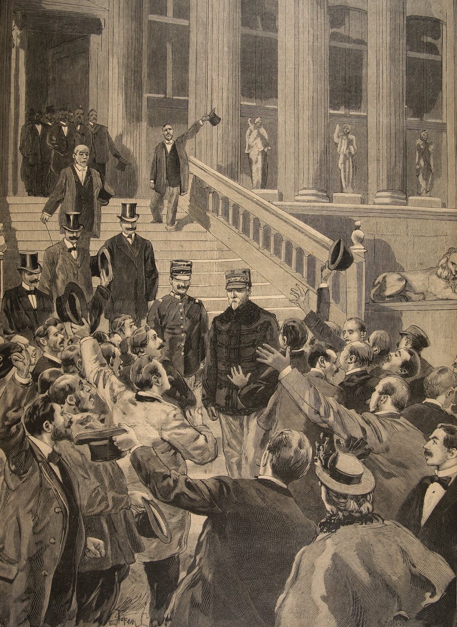 Tisztek diadalkiáltása Zola kijáratánál, illusztráció a „Le Petit Journal: Supplement illustre” című folyóiratból, 1898. február 20. alkotó: F.L. and Tofani, Oswaldo Meaulle