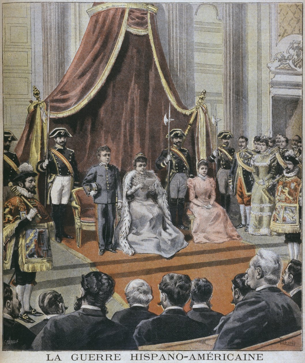 A spanyol-amerikai háború Spanyolországban, a királynő felolvassa üzenetét a madridi Cortes-nak, illusztráció a "Le Petit Journal"-ból, Supplement illustre, 1898. május 8. alkotó: F.L. and Tofani, Oswaldo Meaulle