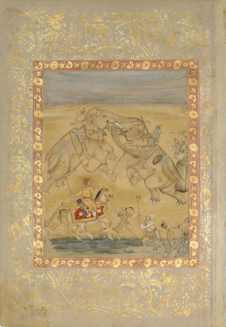 Jahangir elefántharcot néz, kb. 1605. alkotó: Farrukh Chela