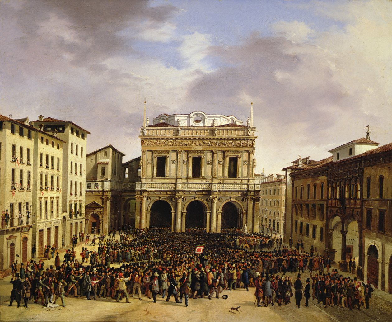A bresciaiak összegyűltek a Piazza della Loggia téren 1849. március 23. alkotó: Faustino Joli