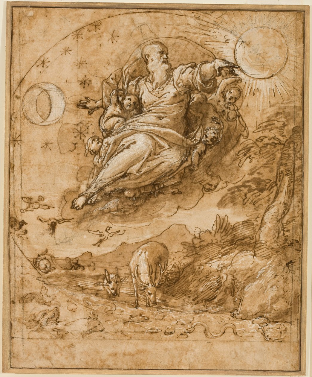 A Napot és a Holdat teremtő Úr, 1566-69 (toll és tinta, kréta, mosás és fehér kiemelés papíron) alkotó: Federico Zuccaro