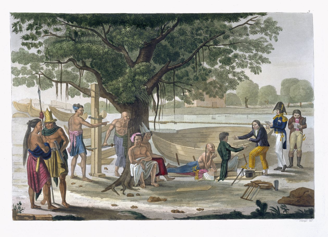 Csónakgyár a timori Kupang közelében, Jules Ferrario „Le Costume Ancien et Moderne” 9. táblája, az 1820-as és 30-as évek körül alkotó: Felice Campi