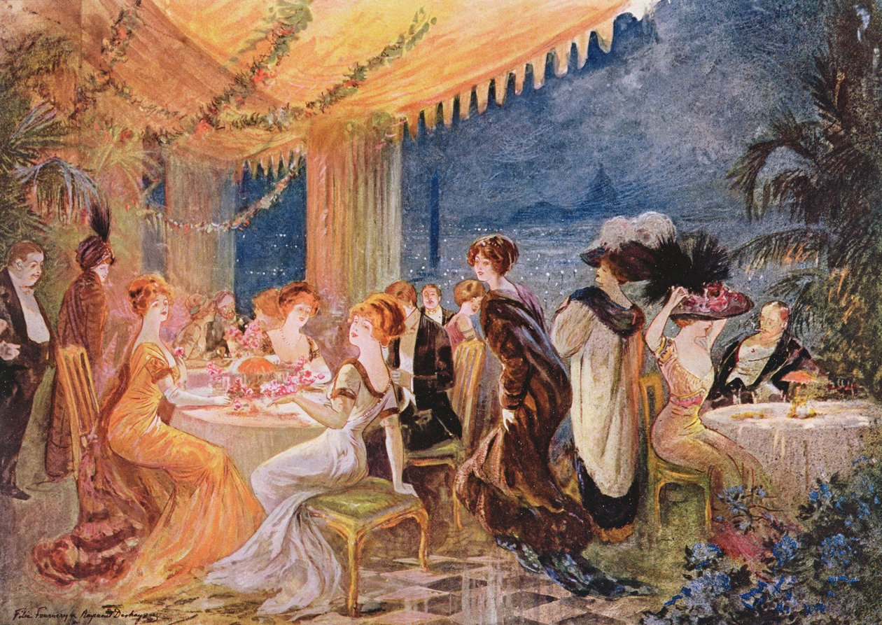 Soiree egy párizsi étteremben, The Furrier Revillon reklámja a Le Figaro Illustre-ben, 1910 alkotó: Felix Fournery
