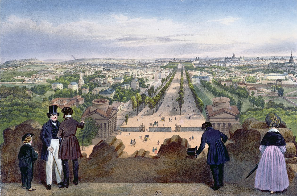 A Champs-Elysees általános képe, a Diadalív tetejéről, illusztráció a „Promenades dans Paris et ses environs”-ból, 1840 körül alkotó: Felix Benoist