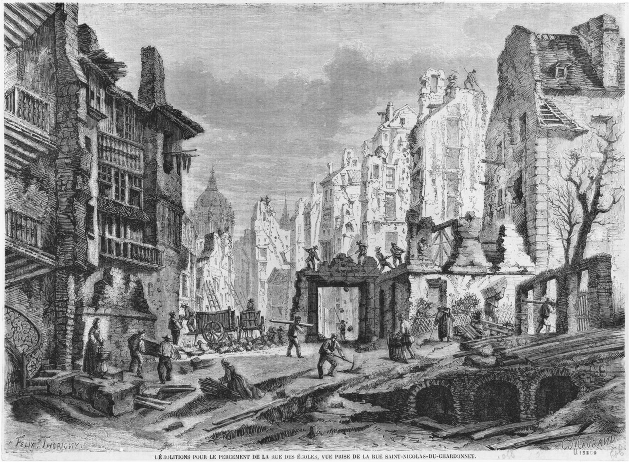 Párizs, a Rue des Ecoles épületének bontása, kilátás a rue Saint-Nicolas du Chardonnet-ről, metszett Charles Maurand (XIX. század) alkotó: Felix Thorigny